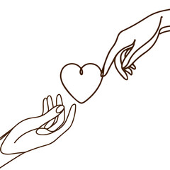 Obraz premium Outline drawn, hand in hand and heart. The concept of love, unity.