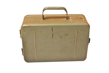 Old tin suitcase. On isolated transparent background.
