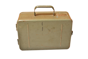 Old tin suitcase. On isolated transparent background.
