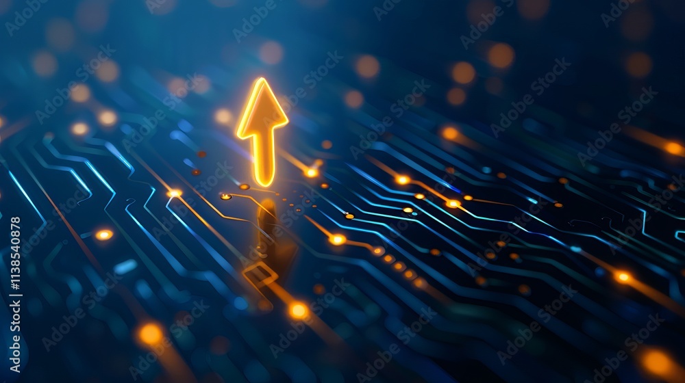 Aufkleber an illuminated orange arrow pointing upwards, surrounded by glowing circuit patterns in blue and ora