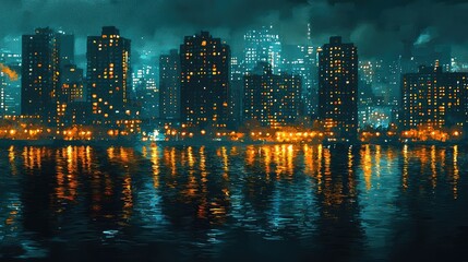 Obraz premium Serene Urban Nightscape Reflecting City Lights on Water with a Mystical Atmosphere and Dramatic Cloudy Sky in a Modern Metropolitan Environment