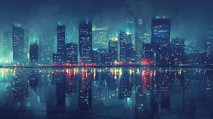 Obraz premium Urban Night Skyline with Reflections in Water, Glowing Lights and Skyscrapers Captured in a Dreamy and Atmospheric Cityscape Image Displaying Modern Architecture