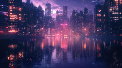Fototapeta premium Vibrant Cityscape Reflection at Night with Colorful Lights and Neon Glow over a Calm Water Surface in a Futuristic Urban Landscape