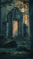 Obraz premium Mystical Ancient Ruins Emerged from Enchanted Forest with Sunlight Filtering Through Trees, Creating an Ethereal and Dreamlike Atmosphere