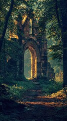 Fototapeta premium Ruins of an Ancient Gothic Structure Surrounded by Lush Green Forest, Sunlight Streaming Through Arched Doorway, Inviting Nature and Mystery