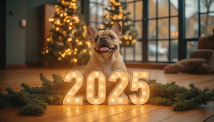 Home celebration new year 2025 with dog