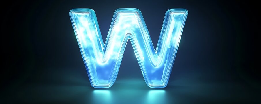 A luminous 3D letter "W" in glowing blue, surrounded by soft ambient light, against a solid dark background.
