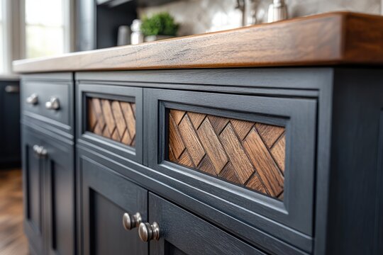 Close-up of dark gray kitchen cabinets with wood inlay details.