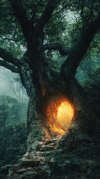 Enchanted Forest Scene Featuring Glowing Hollow Tree with Misty Background and Lush Green Foliage, Inviting Pathway Leading to a Magical Realm