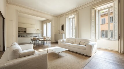 Fototapeta premium Bright and Spacious Modern Living Room with White Sofas and Large Windows Overlooking Urban View in a Contemporary Apartment Interior