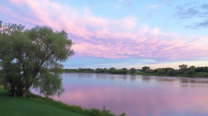 Tranquil Sunset Reflection Over Serene River with Colorful Sky and Trees