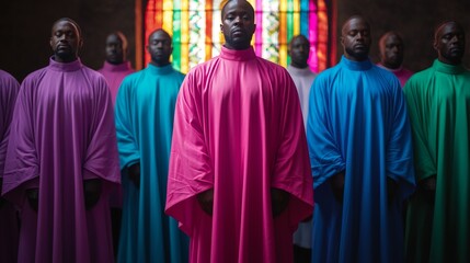Naklejka premium Black history month, Diverse Choir Singers in Colorful Robes Church Music Gospel Religious Ceremony