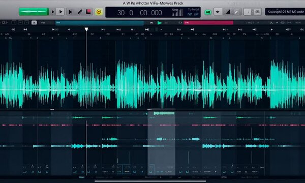 Audio recording software with a teal waveform displayed on a dark blue background.