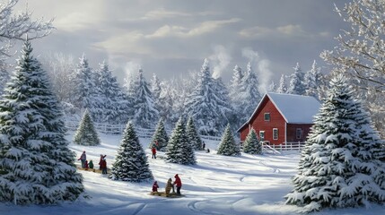 Christmas tree farm covered in snow with families picking trees