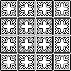 Seamless black and white geometric pattern featuring a symmetrical abstract design in a grid layout. Suitable for backgrounds, wallpapers and various graphic design projects.