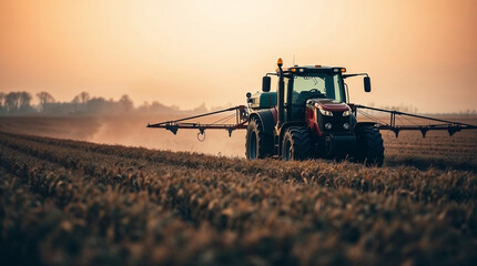 Fototapeta premium A tractor spraying herbicide in a spring wheat field under an intense dramatic sky.