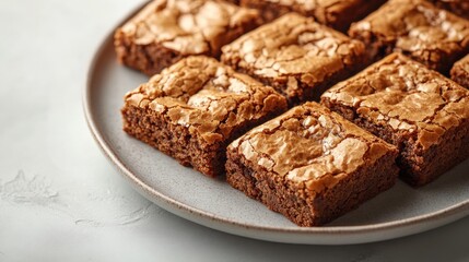 Deliciously homemade chocolate brownies arranged neatly on a round beige plate, showcasing their shiny surface and rich texture in an inviting display for dessert lovers.
