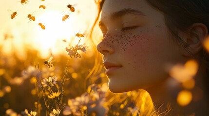 Fototapeta premium Young girl enjoying nature with flowers under golden sunset light, peaceful moment captured in a field of blooming flowers.