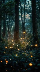 Obraz premium Enchanting Evening in the Forest with Glowing Fireflies and Soft Light Filtering Through Lush Green Trees Creating a Magical Atmosphere in Nature’s Embrace