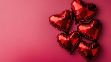 Shiny red heart balloons clustered on a vibrant red background with copy space, perfect for Valentine's Day themes.