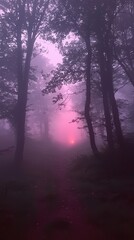 Mysterious Misty Forest Path with Soft Pink Glow Through Trees in Atmospheric Setting, Evoking Fantasy and Enchantment Amidst Nature's Beauty