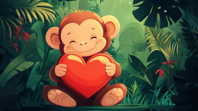 Monkey is holding a red heart. The monkey is smiling