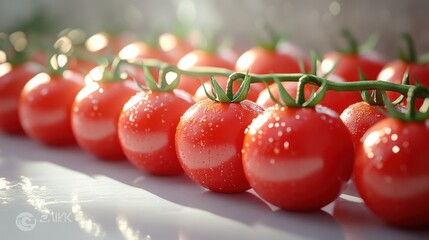 Bright cherry tomatoes scattered on a clean white surface with a fresh appeal