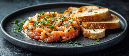 Delicious salmon tartare served on artisan bread slices with herbs