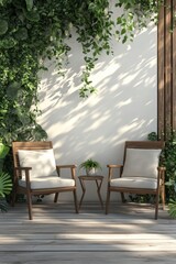 Outdoor seating area with wooden chairs and potted plant surrounded by greenery