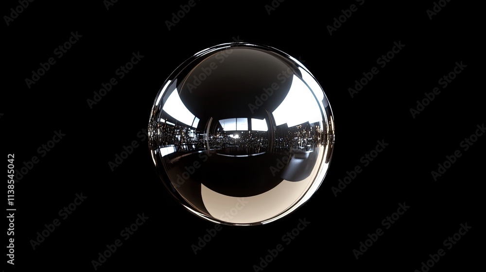 Poster a metallic ball floating against a jet-black background, illuminated with sharp reflections for a fu