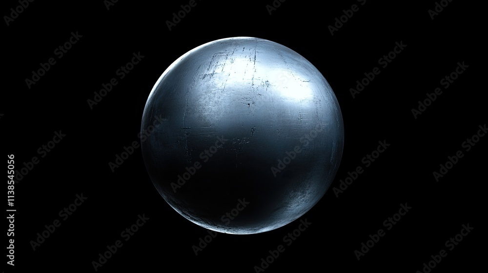 Poster a metallic ball floating against a jet-black background, illuminated with sharp reflections for a fu
