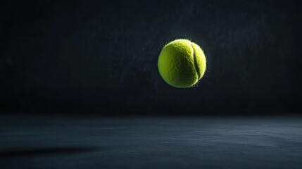 A matte-finished tennis ball hovering mid-air on a sleek black background with a soft shadow below.
