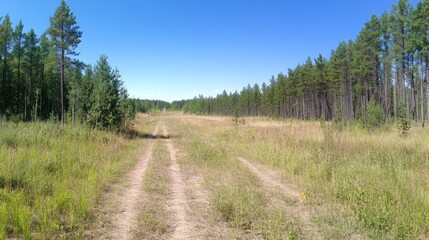 Serene Landscape of a Dusty Trail Surrounded by Lush Green Forests