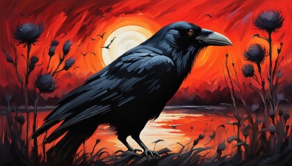 An illustration of a black raven at night with red colors giving an ominous vibe.