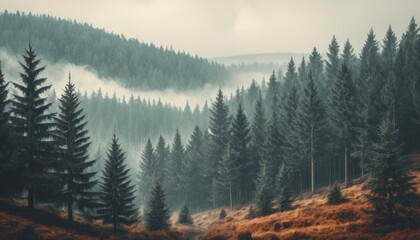 Obraz premium Misty landscape with fir forest in vintage retro style.