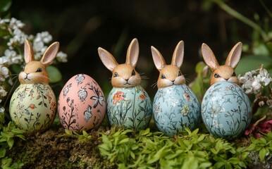 Decorative ceramic bunnies arranged on a table with flowers and colored eggs during springtime