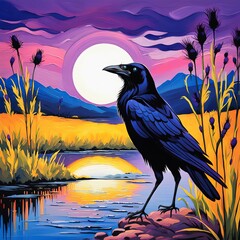 An illustration of a black raven at night with red colors giving an ominous vibe.