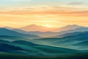 A serene landscape at sunset with rolling hills and soft colors blending in the sky.