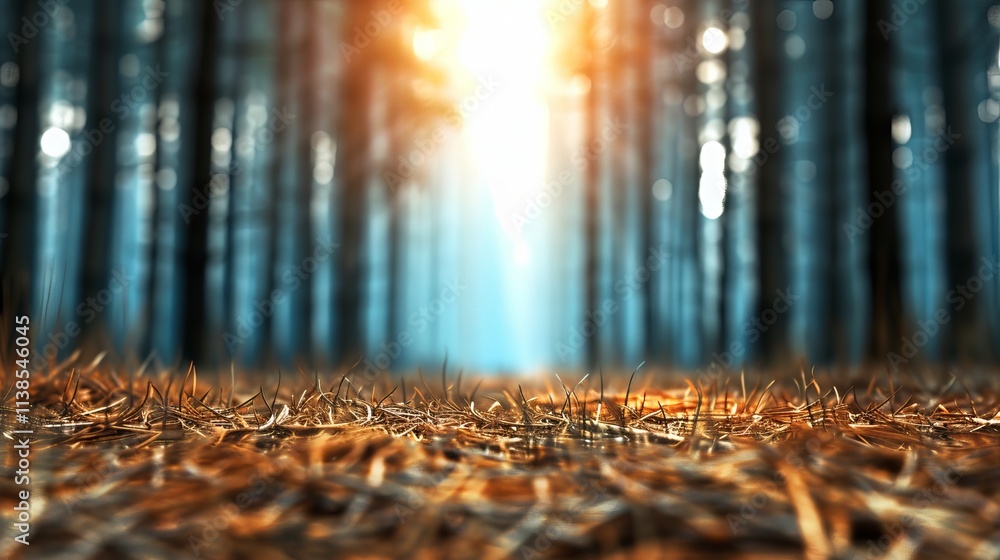 Poster a serene forest scene featuring golden grass with sunbeams filtering through tall trees, creating a 