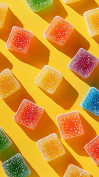 multi-colored square gummies covered in sugar on yellow background