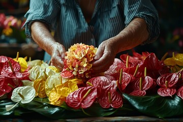 Florist arranging colorful flowers in a vibrant market setting during daylight hours