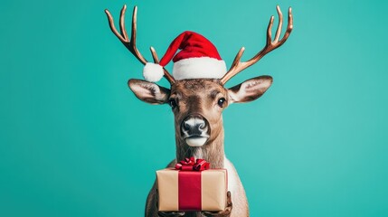 Cool reindeer with antlers, Santa hat, and a present, isolated on a turquoise background