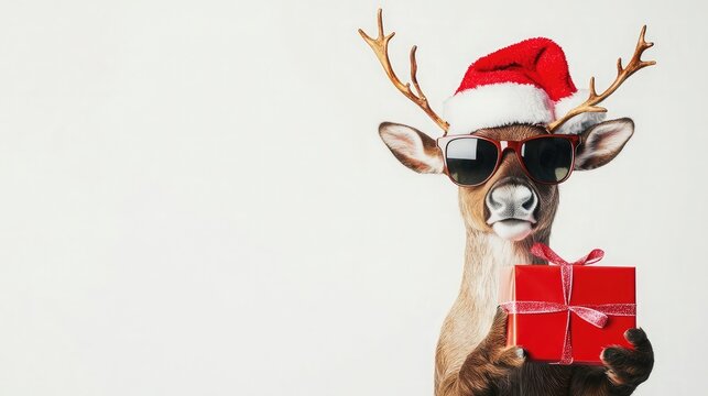 Cool reindeer with Santa hat and sunglasses, holding a gift box, set against a clean white background