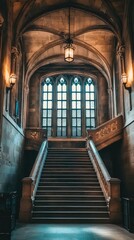 Fototapeta premium Elegant Gothic Staircase with Tall Windows and Ambient Lighting Creating an Enchanting Atmosphere in a Historic Architectural Setting