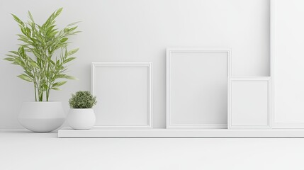 A minimalist gallery with white walls featuring evenly spaced blank frames, offering ample space for creative content display.