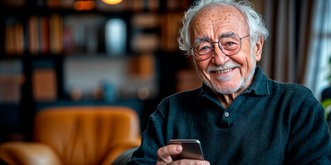 Smiling senior man with a phone, sitting in a cozy indoor space, ideal for technology, lifestyle, or senior living advertisements.
