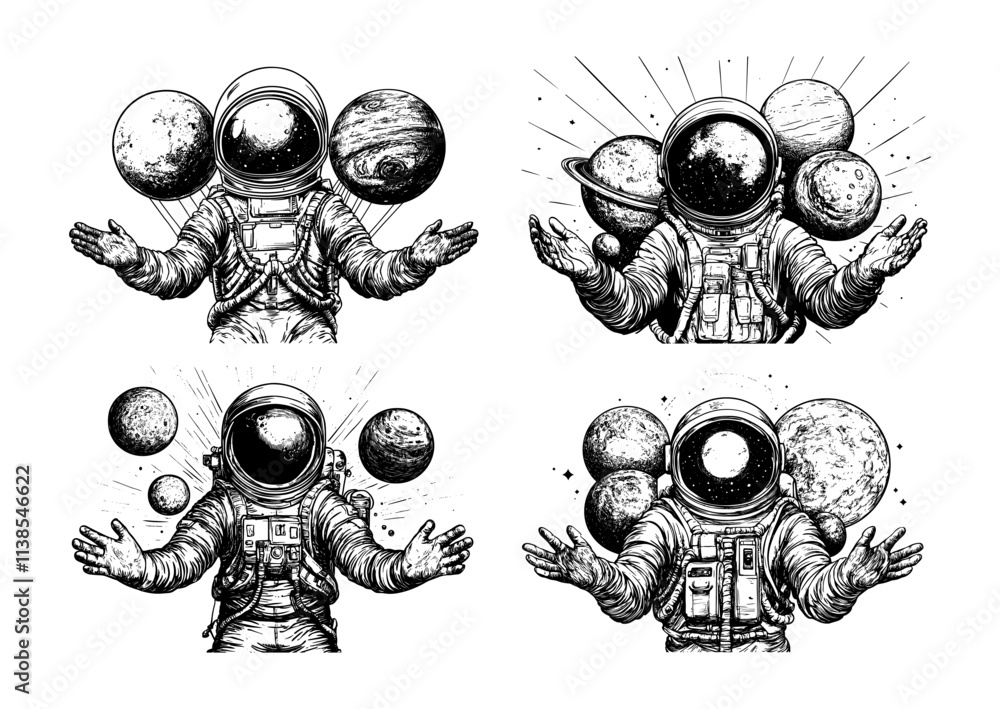 Poster cosmonaut with planets engraving vector concepts. astronaut solar system astronomical space, galaxy 