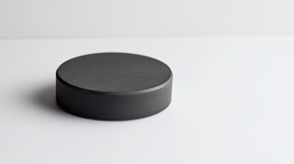 A minimalist view of a black hockey puck lying on a clean, white background, spotlighted for a sleek design.