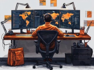 Forex trading desk, multiple screens, modern watercolor aesthetics