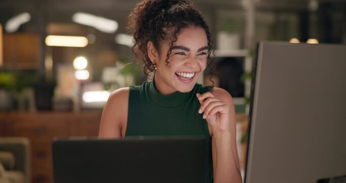 Celebration, night and woman with computer, creative and bonus for journalism, success and deadline. Cheering, achievement and win for reporter, excited and reward for article, surprise and office